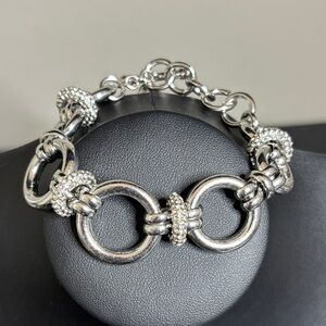 Silver Tone Circle Link Rhinestone Toggle Statement Bracelet​